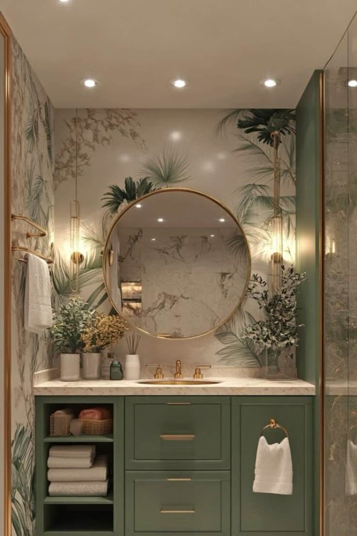 Bathroom with Wallpaper and Green Cabinet